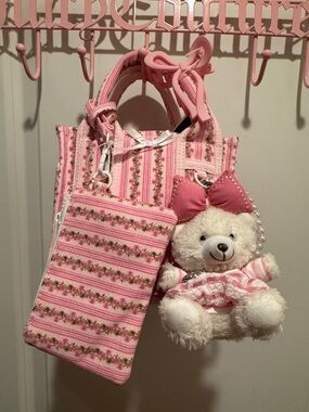 Madden Girl Pink Floral Stripe Tote Bag with Plush Teddy Charm
